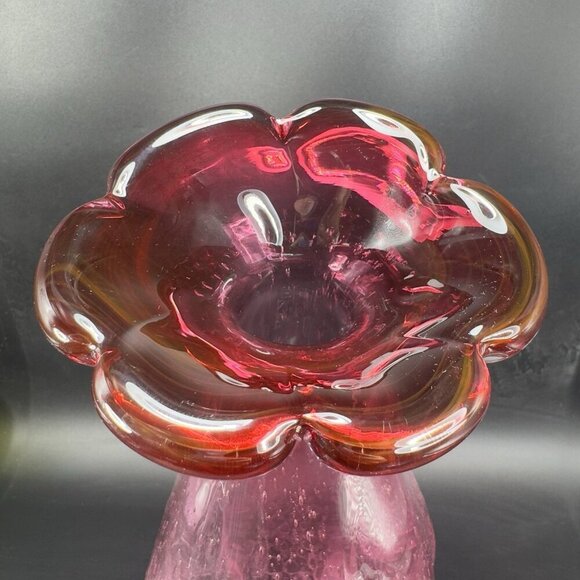 Large Art Glass Vase Vessel Pink Flower Shape Vas With Air Bubbles All Over Vase - Picture 5 of 16